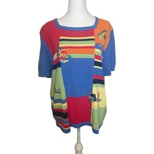 Koret Francisca Vintage Colorful Short Sleeve Embroidered Coastal Sweater XL